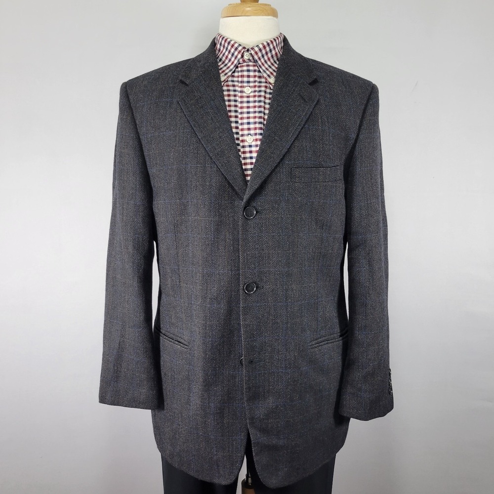 Stanley Blacker Mens Sport Coat Blazer Three Button CH Black‎ Plaid Wool 42R